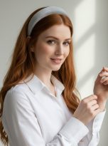 Cerchietto in velluto grigio Bottega della Principessa indossato