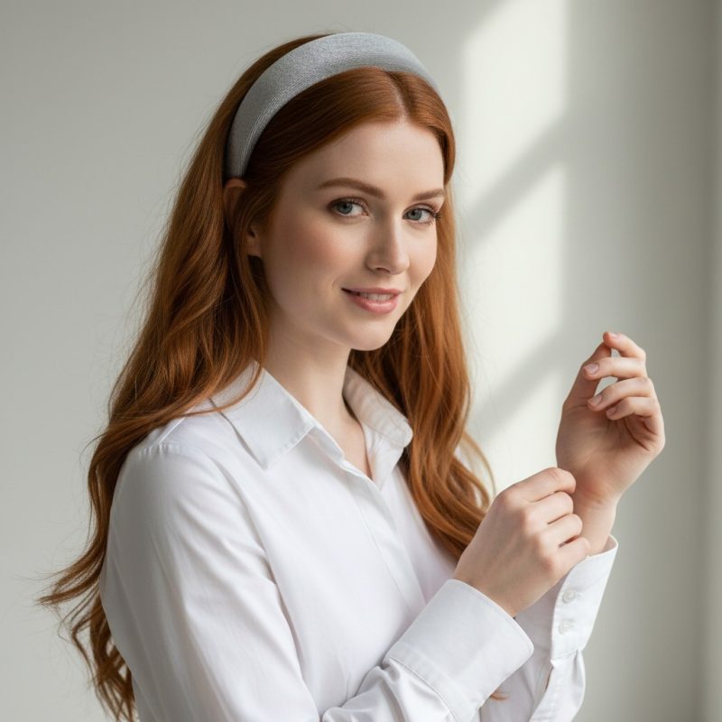 Donna con capelli rossi che indossa un cerchietto in velluto grigio, accessorio elegante Bottega della Principessa.
