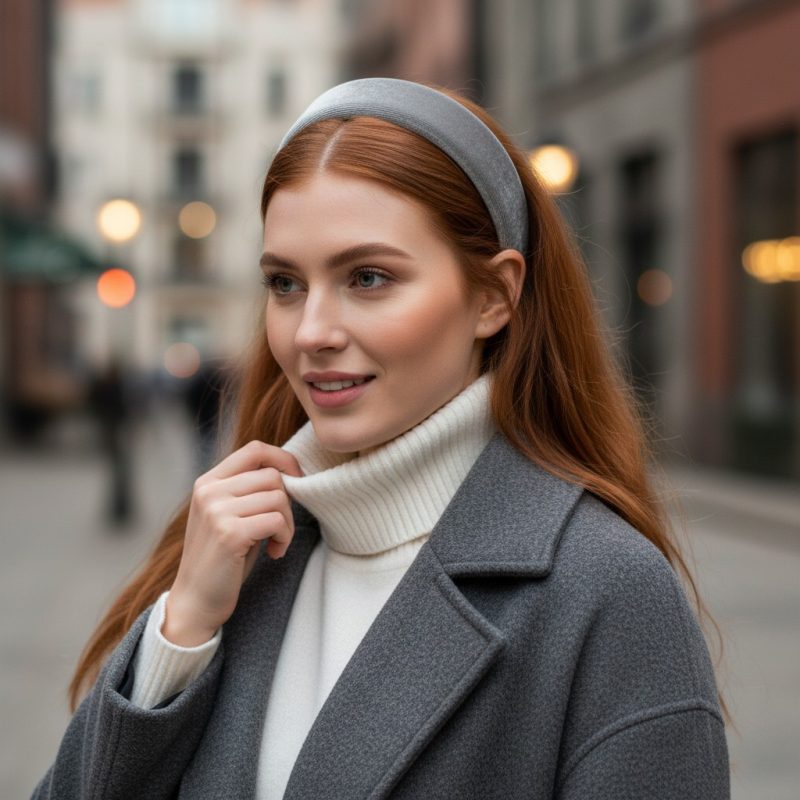 Donna con capelli rossi che indossa un cerchietto in velluto grigio, accessorio moda elegante Bottega della Principessa.