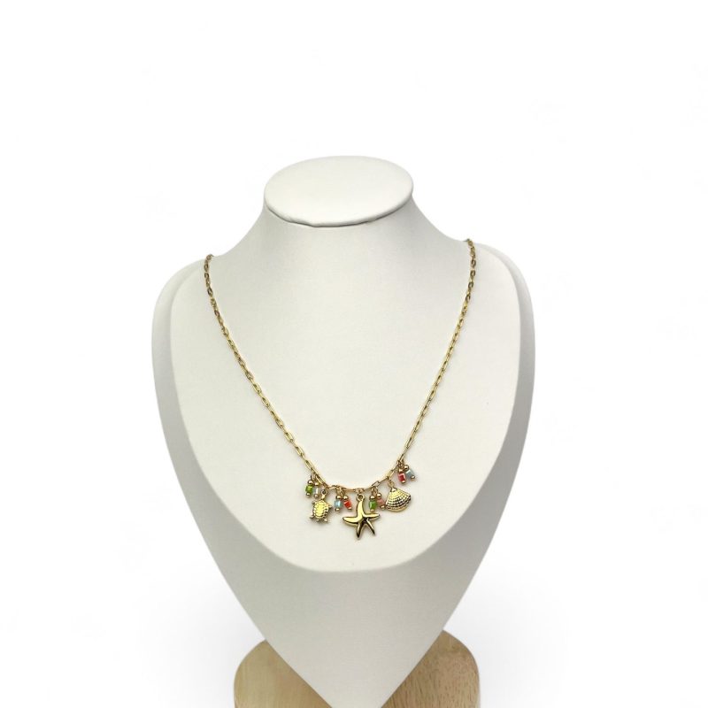 Collana Charm Marini - Tartaruga, Stella Marina, Conchiglia e Perline Colorate (Acciaio Inossidabile, Oro)