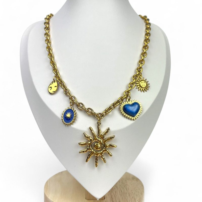 Collana in acciaio inossidabile con charms- sole-cuore-medaglietta-oro e blu