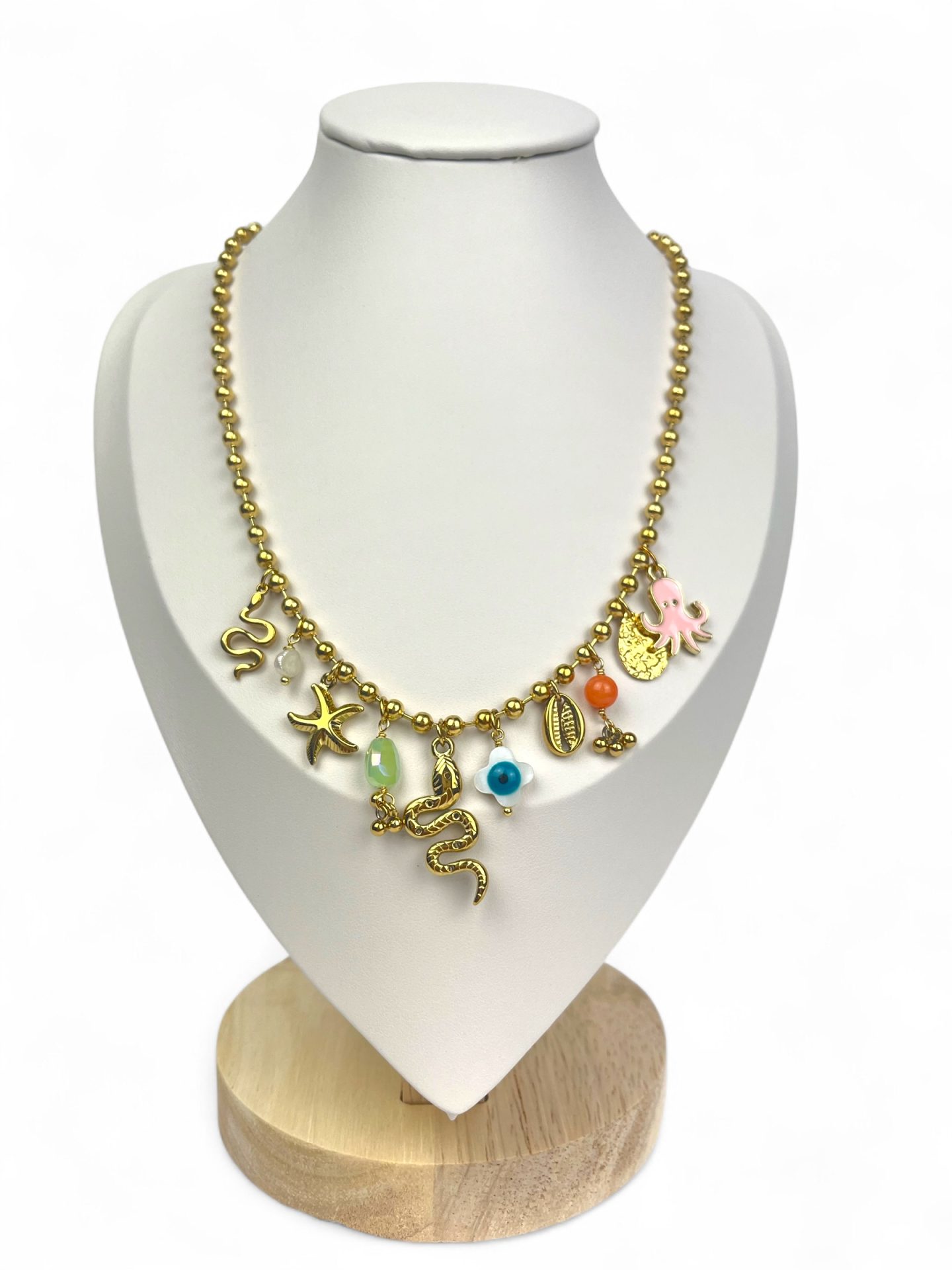 Collana boho con charms marini, polpo rosa e dettagli colorati - Bottega della Principessa