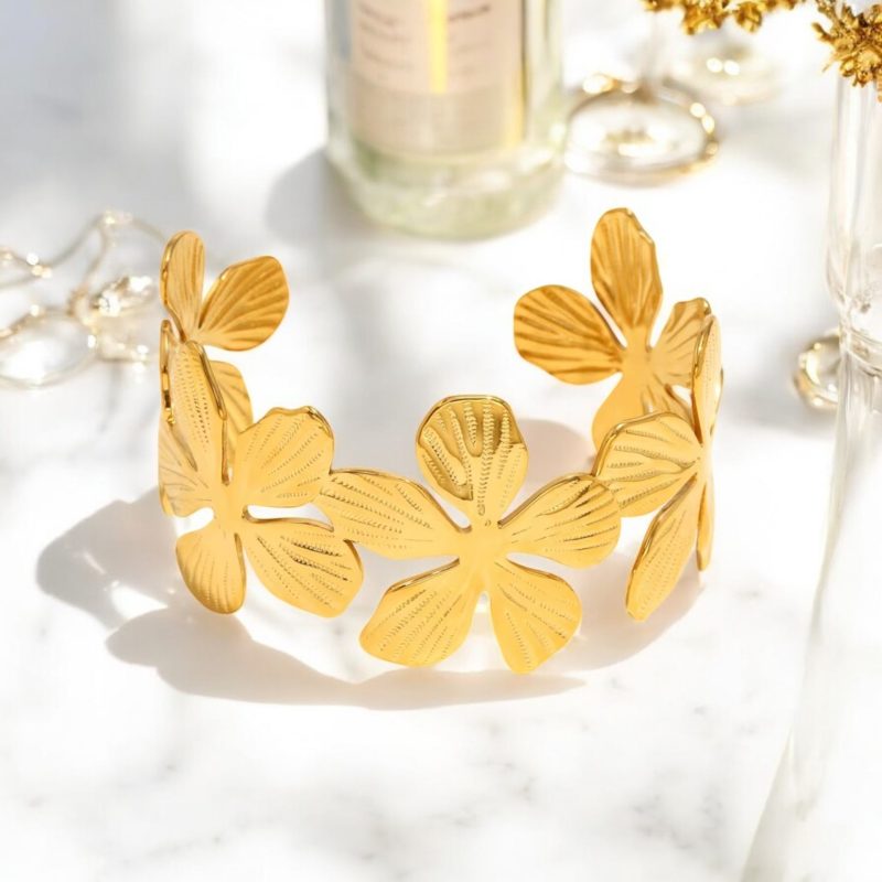 Bracciale semirigido donna con lavorazione motivo floreale (Gold, Acciaio Inossidabile)