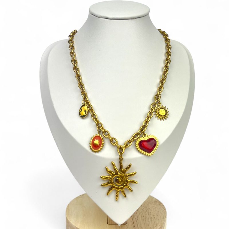 Collana charms dorati con pietra rossa-Bottega della Principessa