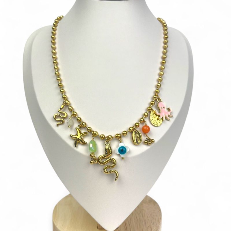 Collana boho con charms marini, polpo rosa e dettagli colorati - Bottega della Principessa