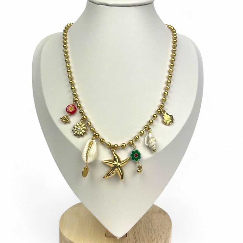 Collana boho con charms floreali e marini-fiorellini colorati, stella e conchiglia- Bottega della Principessa
