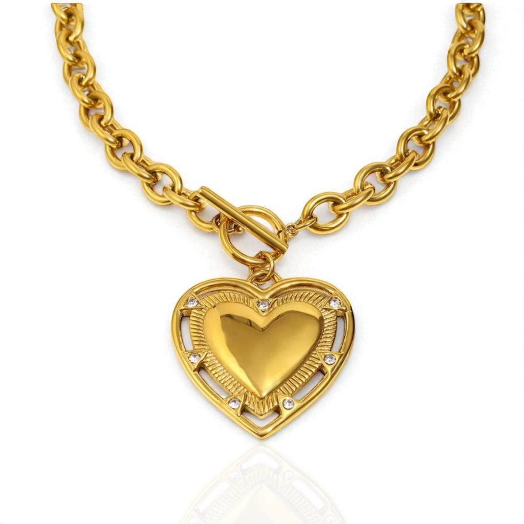 Collana cuore in acciaio inossidabile 316L con catena a maglia larga, chiusura frontale a T-bar e punti luce