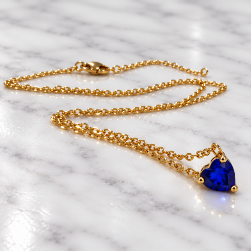 Collana punto luce a forma di cuore color blu zaffiro del brand di gioielli Bottega della Principessa posata su superficie di marmo bianco, con ciondolo a cuore in evidenza
