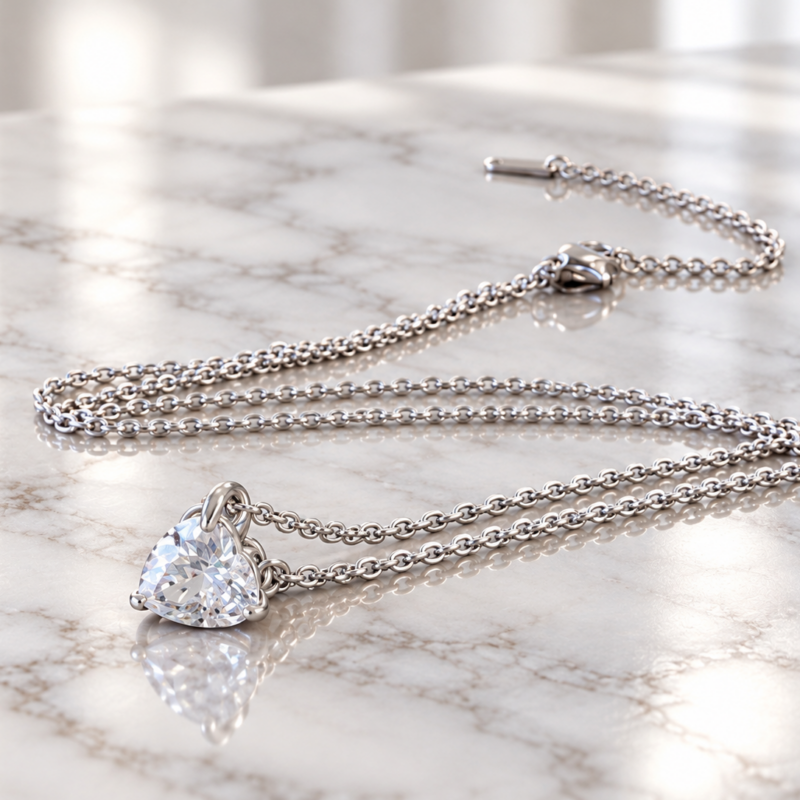 Collana Punto Luce Cuore Bianco con catena color argento e pendente a cuore trasparente su marmo.