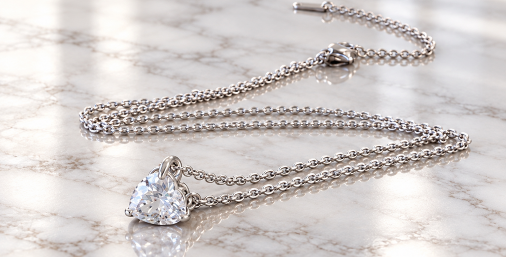 Collana Punto Luce Cuore Bianco con catena color argento e pendente a cuore trasparente su marmo.