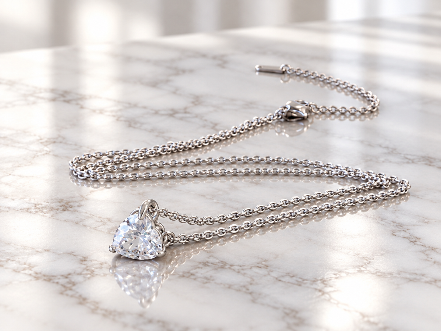 Collana Punto Luce Cuore Bianco con catena color argento e pendente a cuore trasparente su marmo.