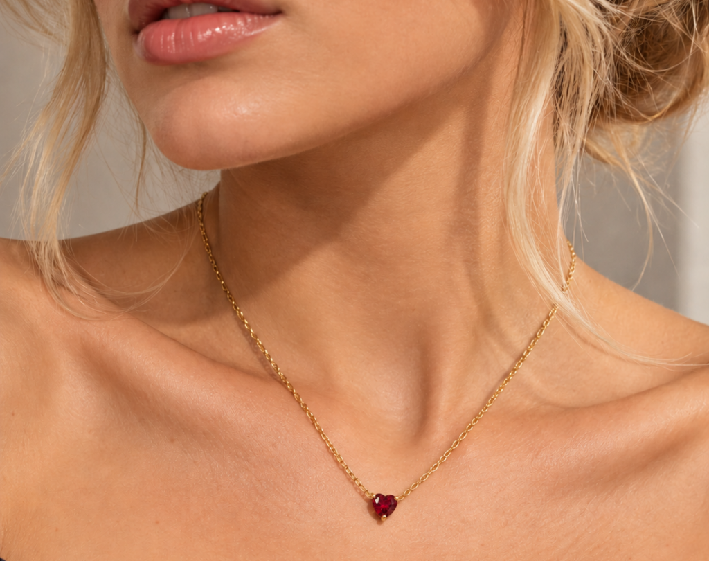 Collana punto luce cuore rosso con catena dorata indossata da modella – Bottega della Principessa.
