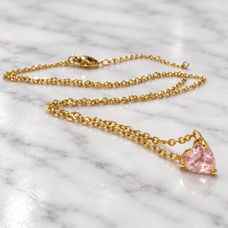 collana punto luce in acciaio inossidabile oro con ciondolo cuore rosa posata su superficie di marmo