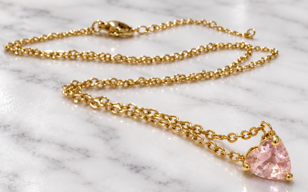 collana punto luce in acciaio inossidabile oro con ciondolo cuore rosa posata su superficie di marmo